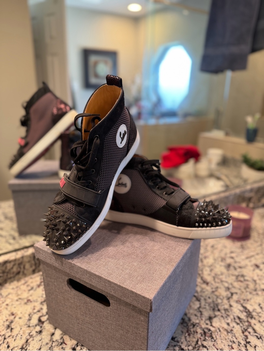 Christian Louboutin Black Spike-Accent High-Top Sneakers - Picture 1 of 3